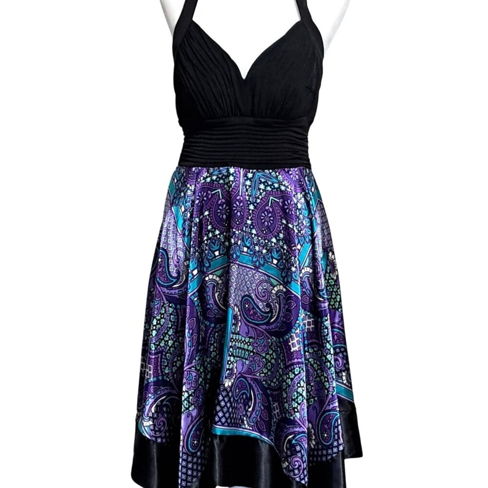 Signature By Sangria Halter Dress Women Size 10 Black Purple Paisley